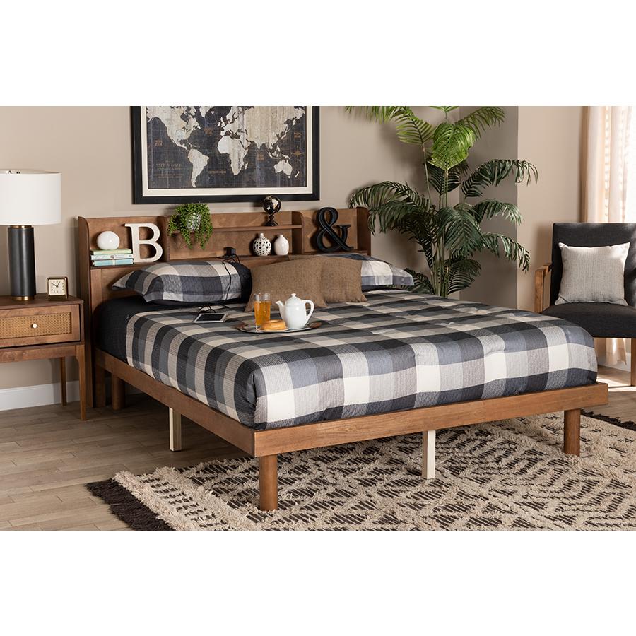 Walnut Brown Finished Wood Full Size Platform Bed with Charging Station. Picture 23