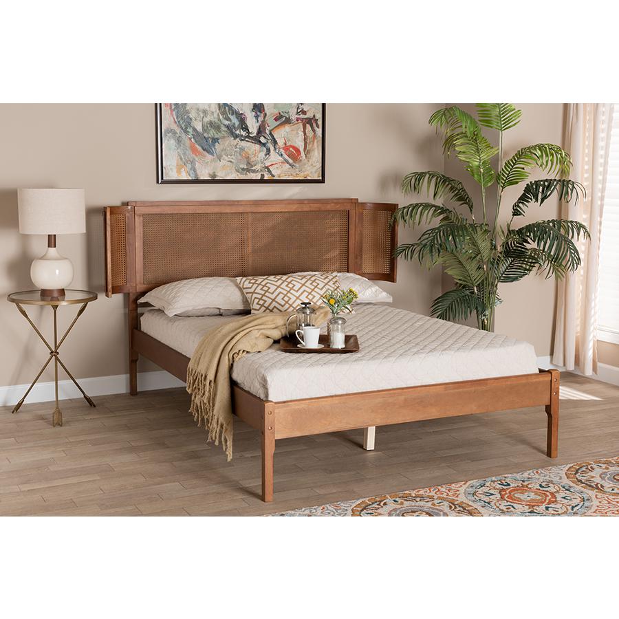 Walnut Brown Finished Wood and Natural Rattan Full Size Platform Bed. Picture 21