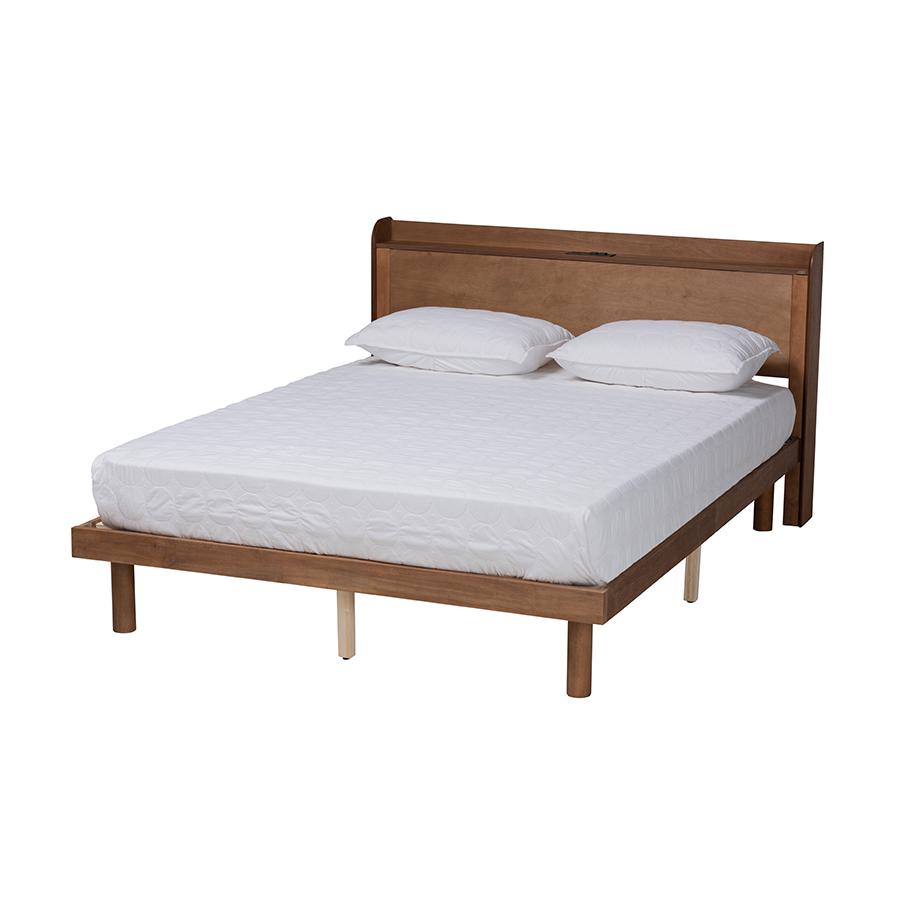 Walnut Brown Finished Wood Queen Size Platform Bed with Charging Station. Picture 1