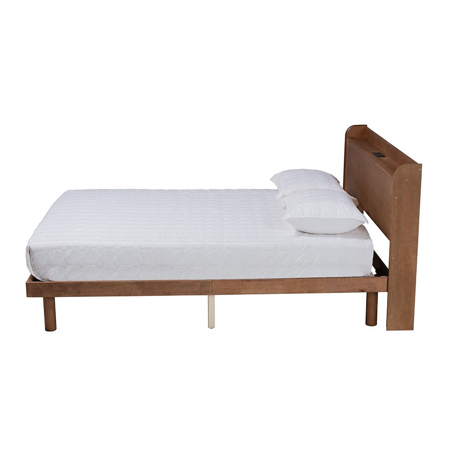 Walnut Brown Finished Wood Queen Size Platform Bed with Charging Station. Picture 2