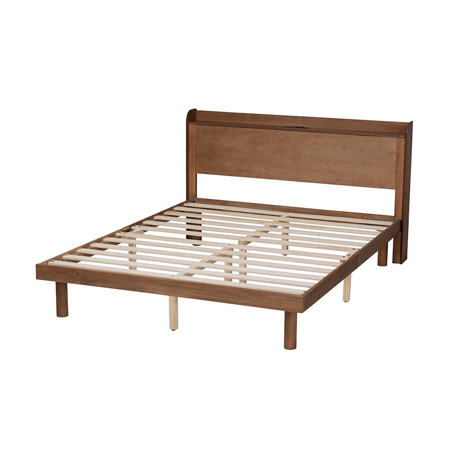 Walnut Brown Finished Wood Queen Size Platform Bed with Charging Station. Picture 3