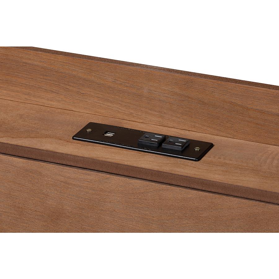 Walnut Brown Finished Wood Queen Size Platform Bed with Charging Station. Picture 6