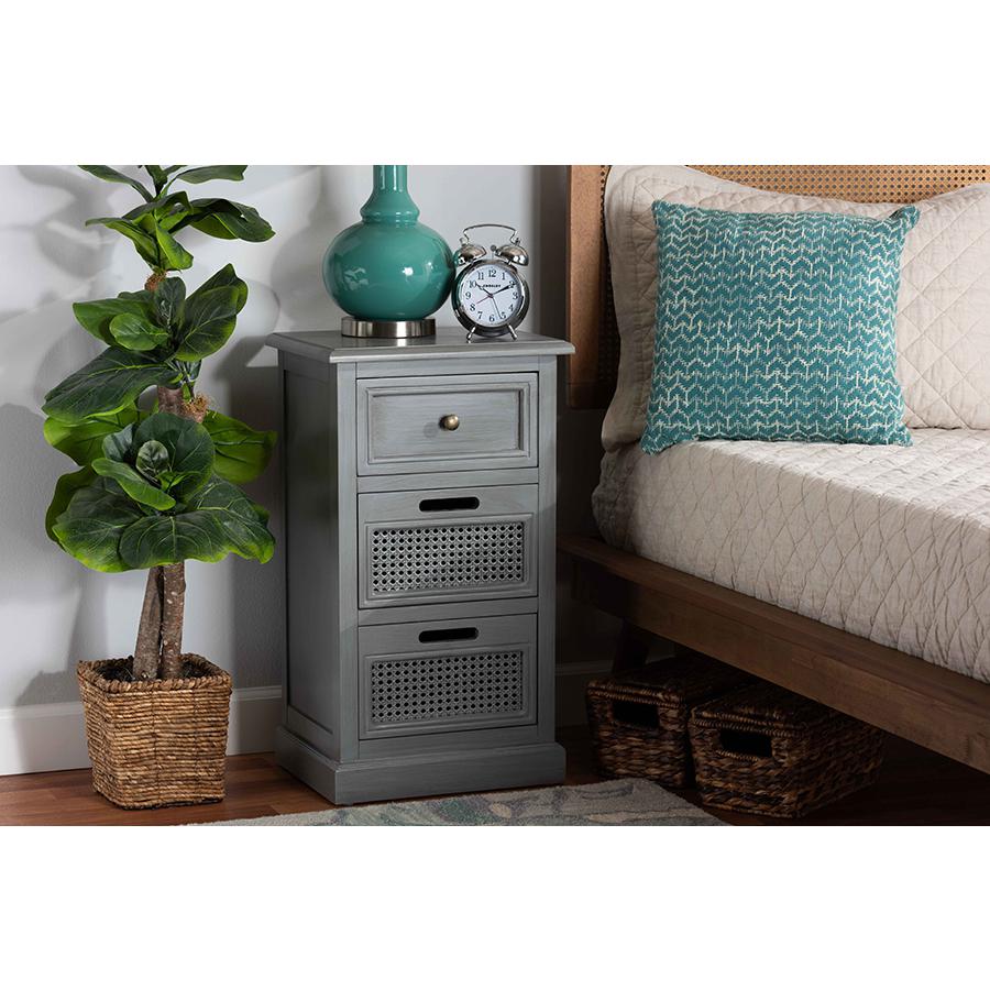 Vintage Grey Finished Wood and Synthetic Rattan 3-Drawer End Table. Picture 19