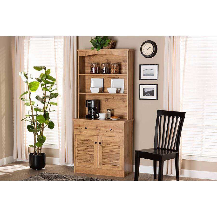 Oak Brown Finished Wood Buffet and Hutch Kitchen Cabinet. Picture 19