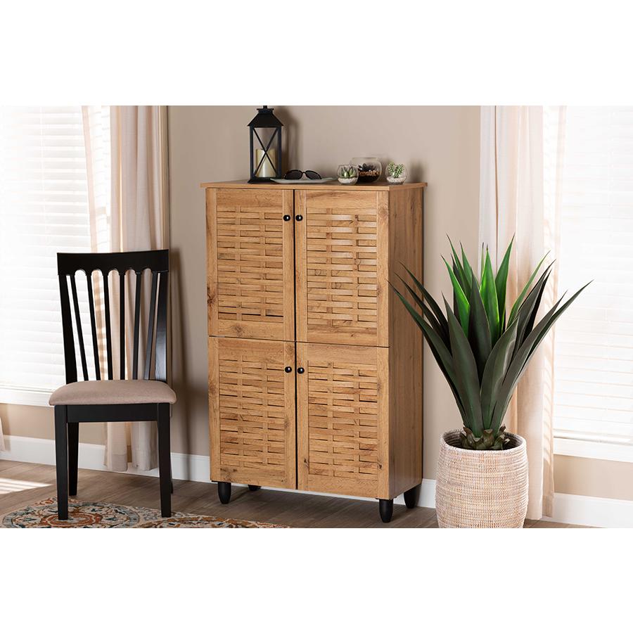 Oak Brown Finished Wood 4-Door Shoe Storage Cabinet. Picture 21