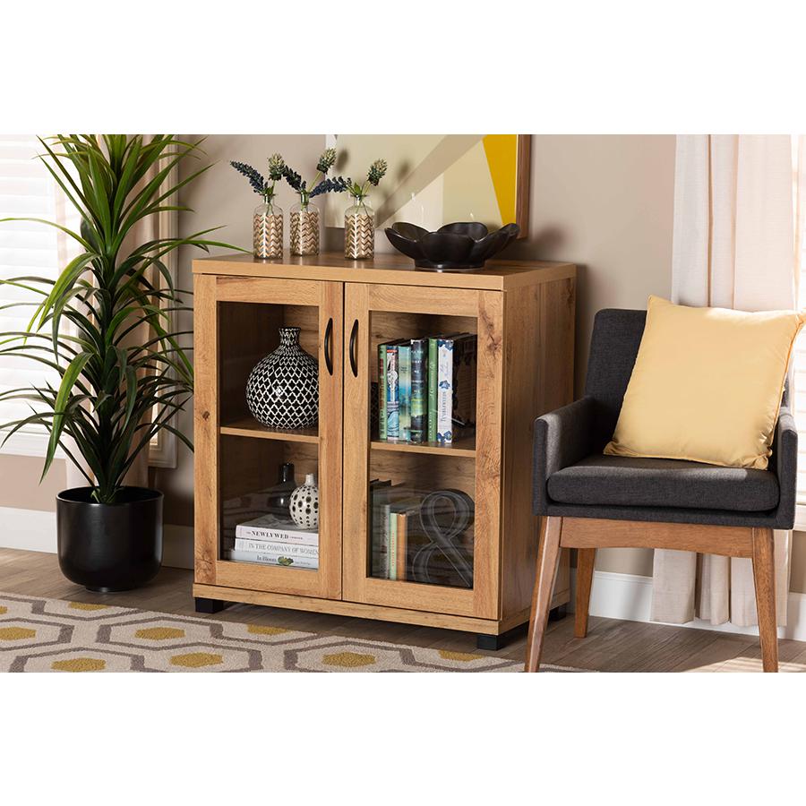 Oak Brown Finished Wood 2-Door Storage Cabinet with Glass Doors. Picture 21