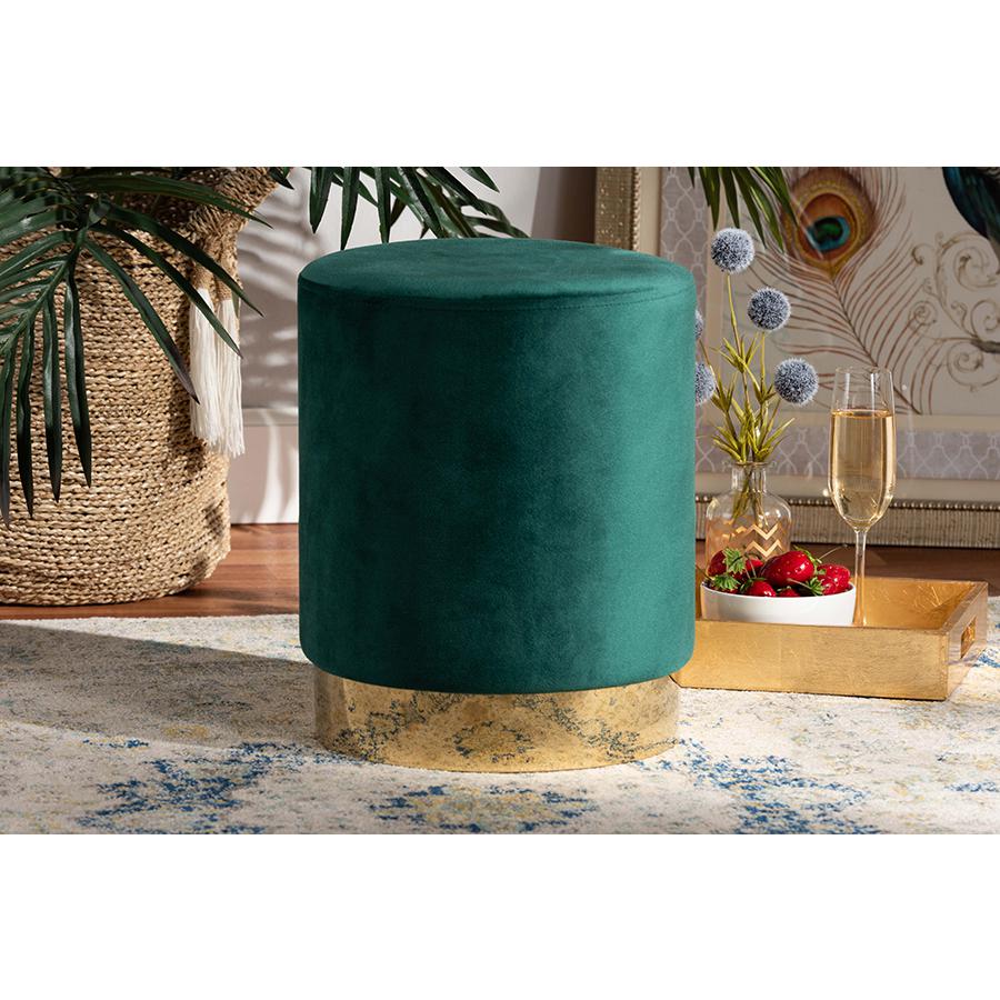 Glam and Luxe Green Velvet Fabric Upholstered and Gold Finished Metal Ottoman. Picture 15