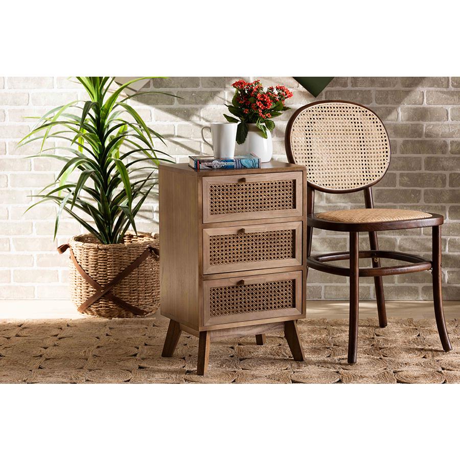 Walnut Brown Finished Wood 3-Drawer End Table with Rattan. Picture 21