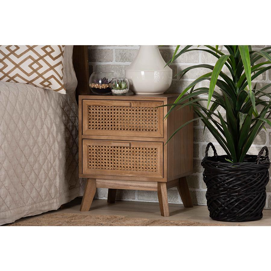 Walnut Brown Finished Wood 2-Drawer End Table with Rattan. Picture 21