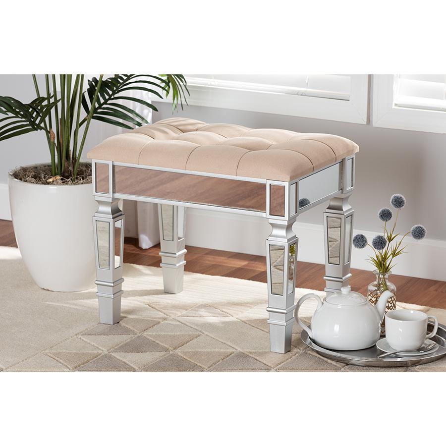 Glam and Luxe Beige Fabric Upholstered and Silver Finished Wood Ottoman. Picture 17