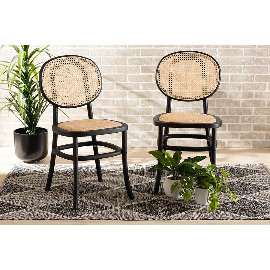 Brown Woven Rattan and Black Wood 2-Piece Cane Dining Chair Set. Picture 17