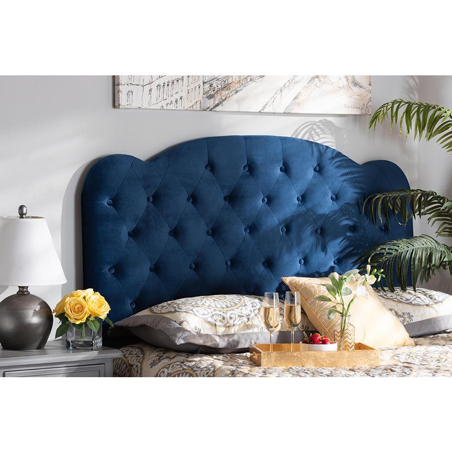 Navy Blue Velvet Fabric Upholstered Queen Size Headboard. Picture 17