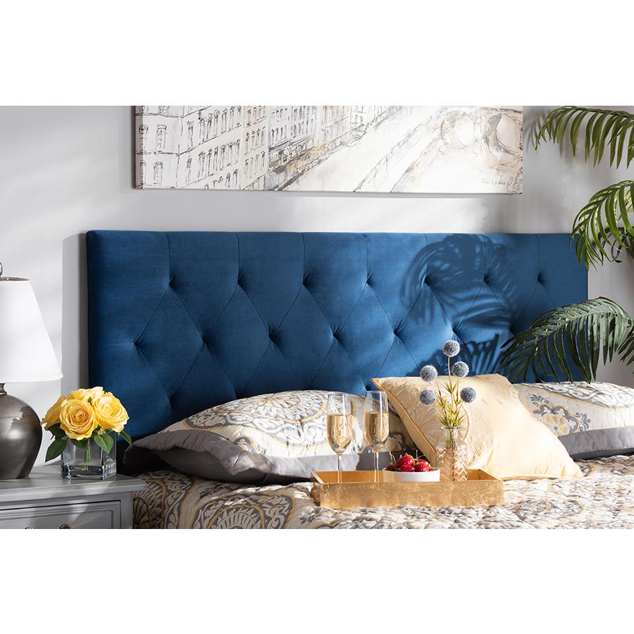 Navy Blue Velvet Fabric Upholstered Full Size Headboard. Picture 17