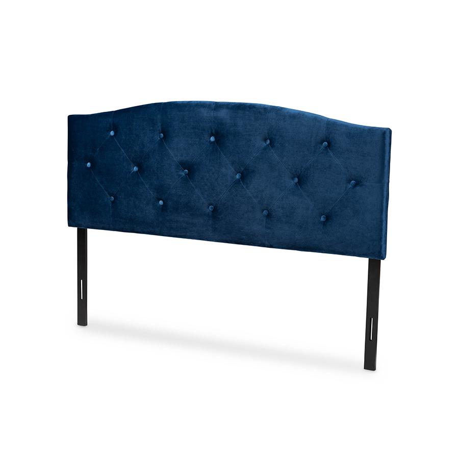 Navy Blue Velvet Fabric Upholstered Queen Size Headboard. Picture 1