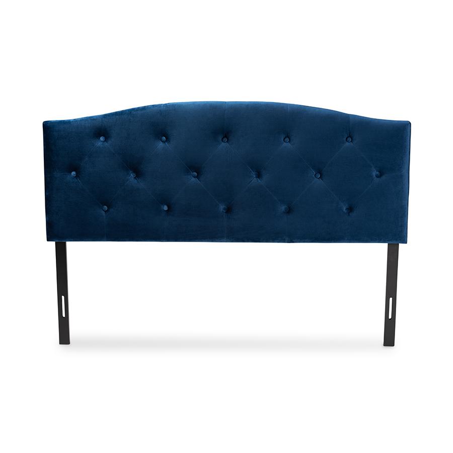 Navy Blue Velvet Fabric Upholstered Queen Size Headboard. Picture 2