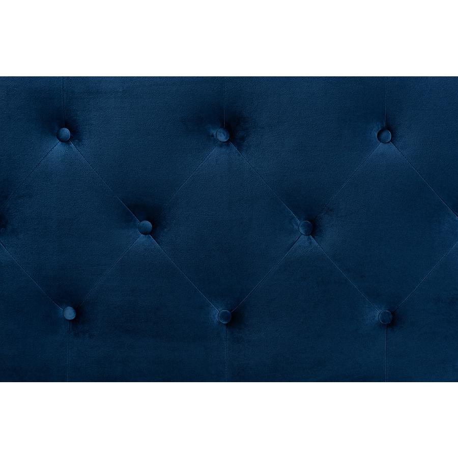 Navy Blue Velvet Fabric Upholstered Queen Size Headboard. Picture 3