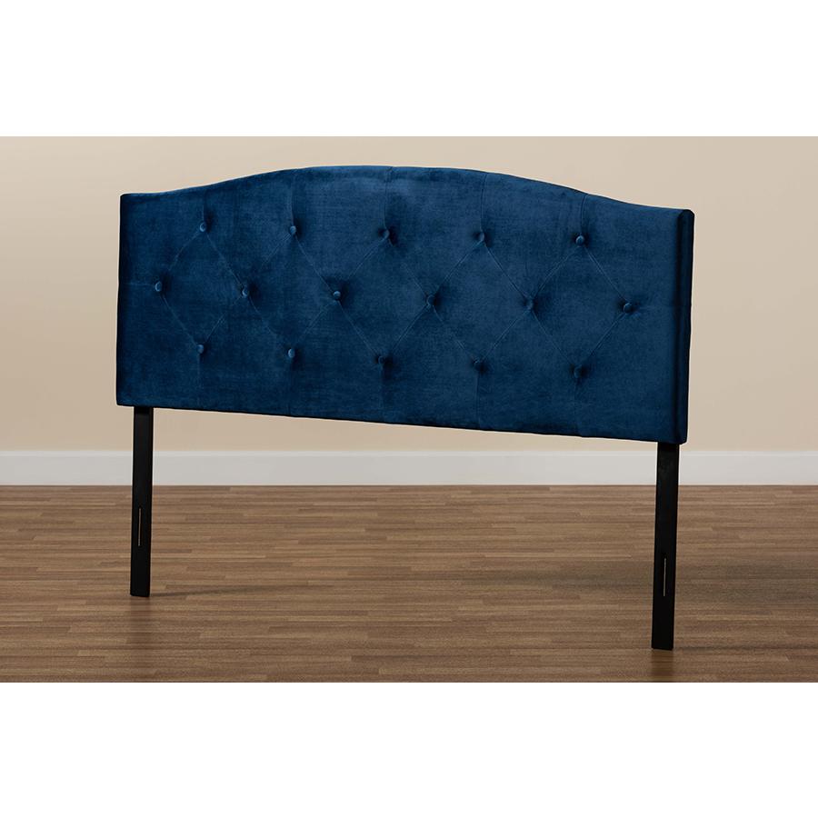 Navy Blue Velvet Fabric Upholstered Queen Size Headboard. Picture 5