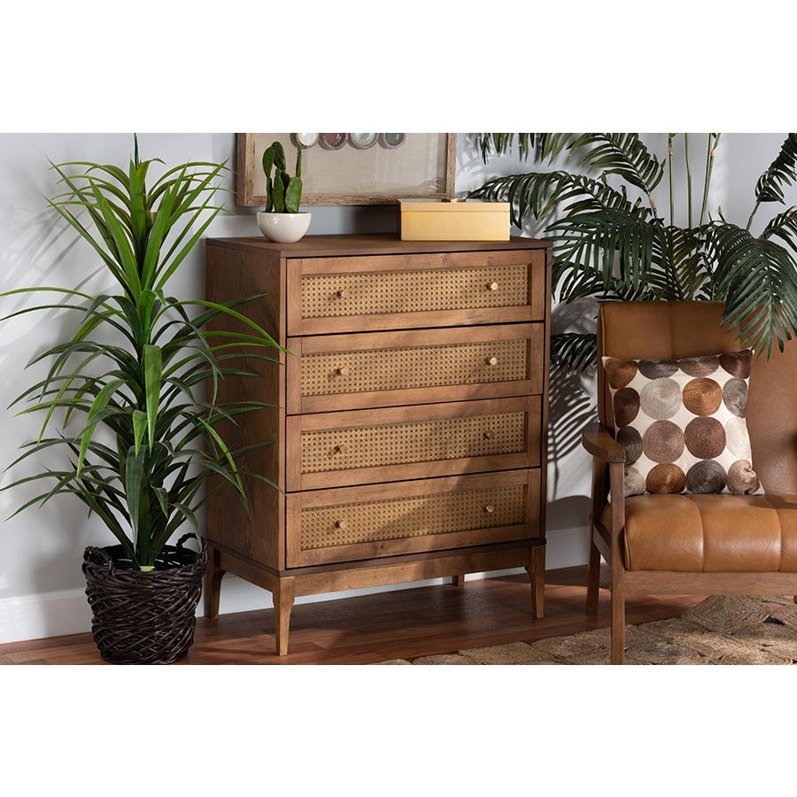 Ramiel Mid-Century Modern Ash Walnut Finished Wood and Rattan 4-Drawer Chest. Picture 21