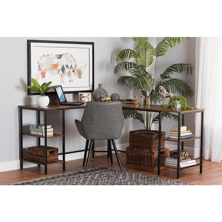 Walnut Brown Finished Wood and Black Metal L-Shaped Corner Desk with Shelves. Picture 21