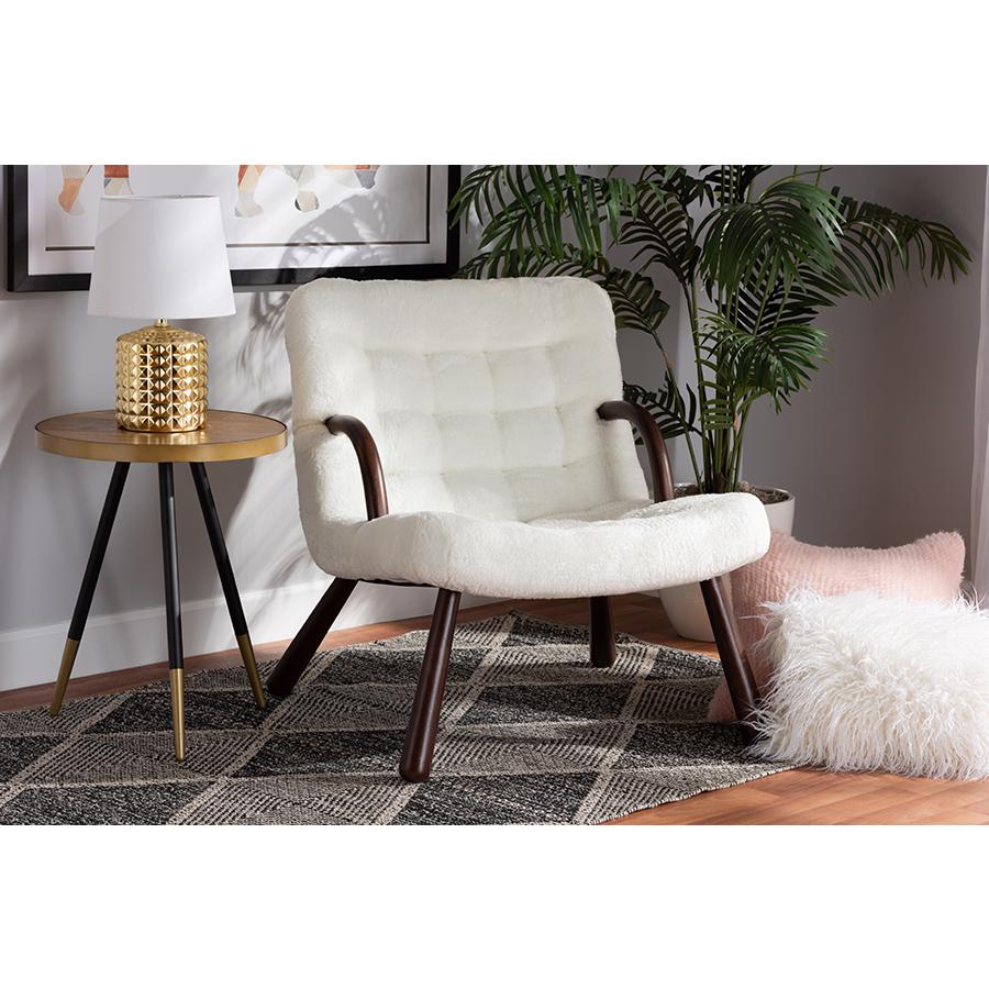 White Sherpa Upholstered and Walnut Brown Finished Wood Accent Chair. Picture 21