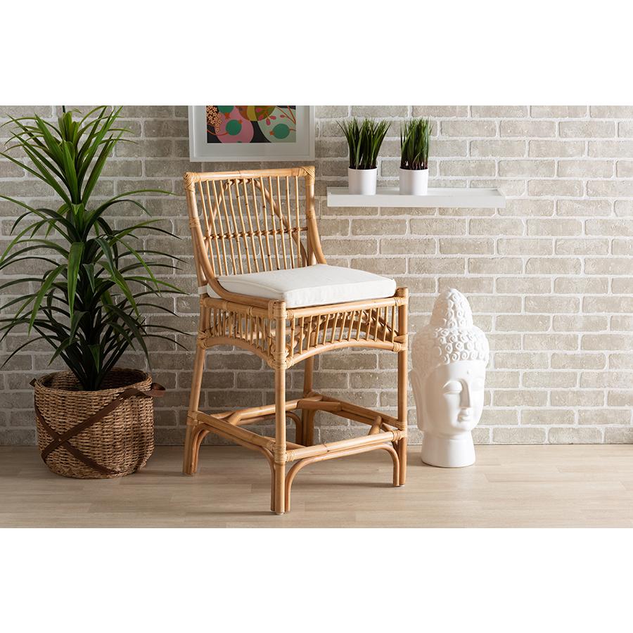 Bohemian White Fabric Upholstered and Natural Brown Rattan Counter Stool. Picture 21