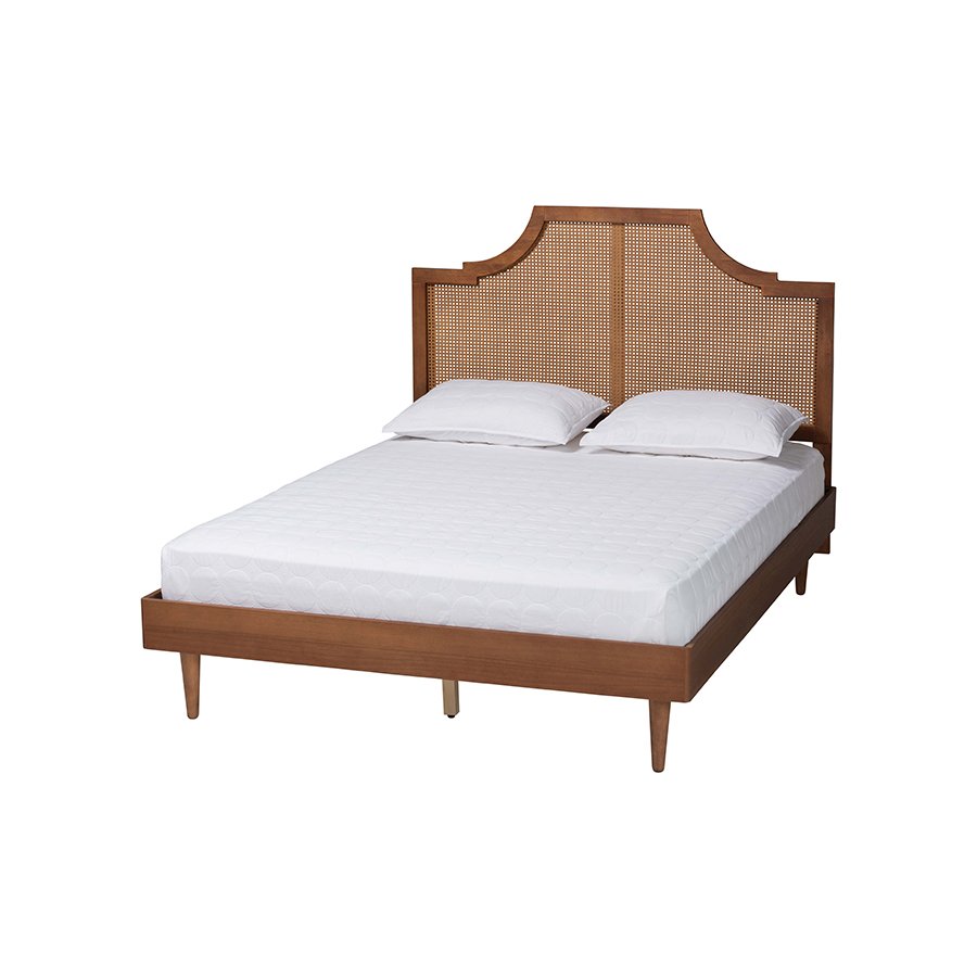 Macaria Mid-Century Modern Ash Walnut Woven Rattan King Size Bed. Picture 1