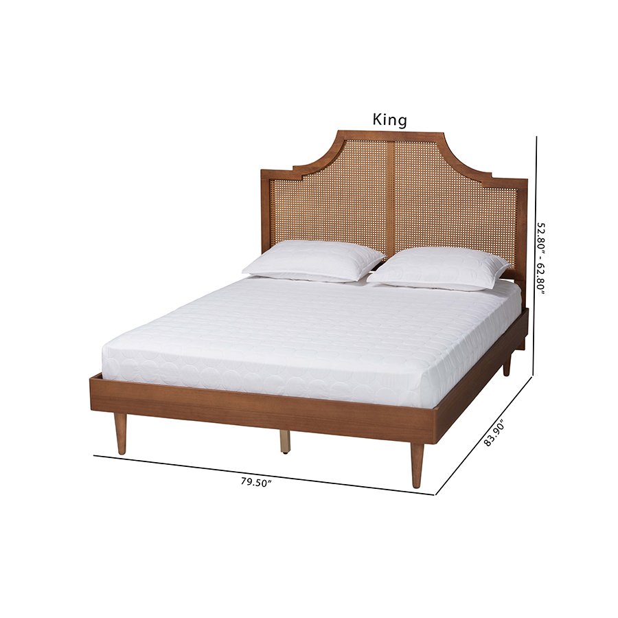 Macaria Mid-Century Modern Ash Walnut Woven Rattan King Size Bed. Picture 10