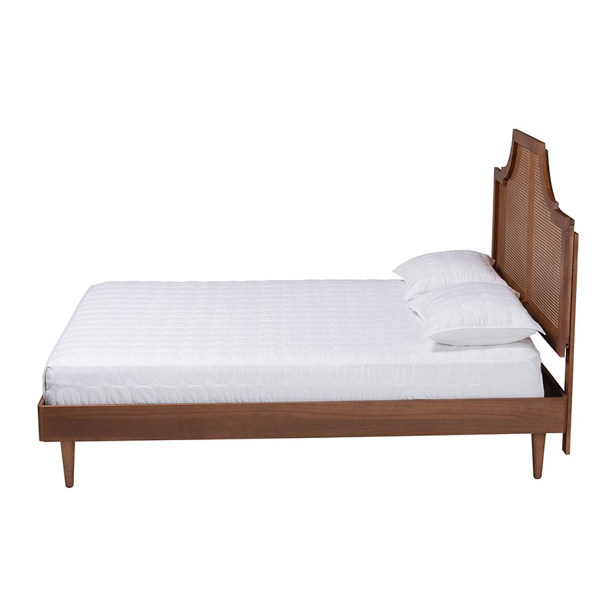 Macaria Mid-Century Modern Ash Walnut Woven Rattan King Size Bed. Picture 2