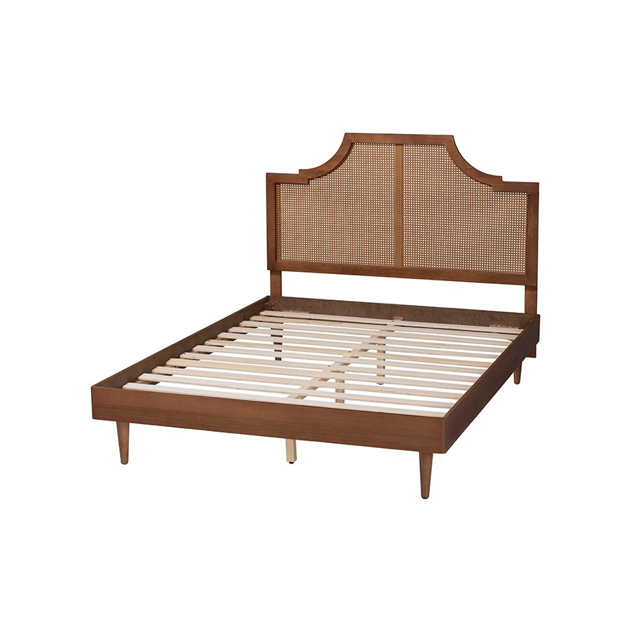 Macaria Mid-Century Modern Ash Walnut Woven Rattan King Size Bed. Picture 3