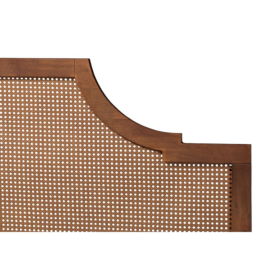 Macaria Mid-Century Modern Ash Walnut Woven Rattan King Size Bed. Picture 4