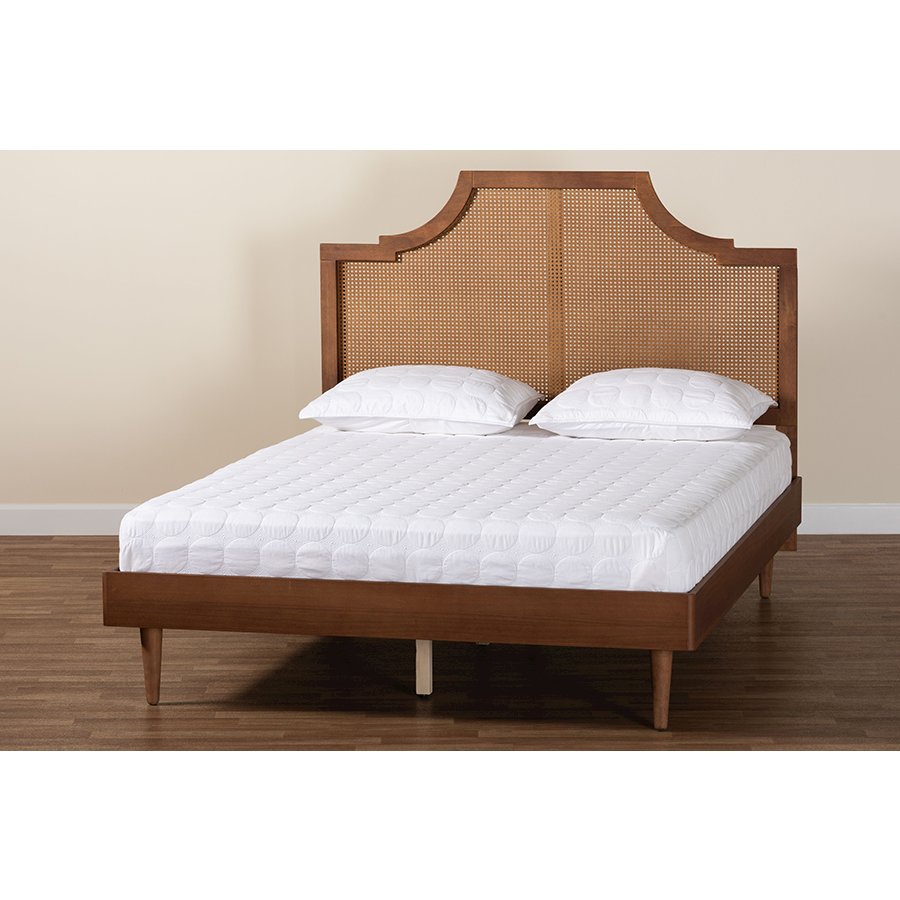 Macaria Mid-Century Modern Ash Walnut Woven Rattan King Size Bed. Picture 8