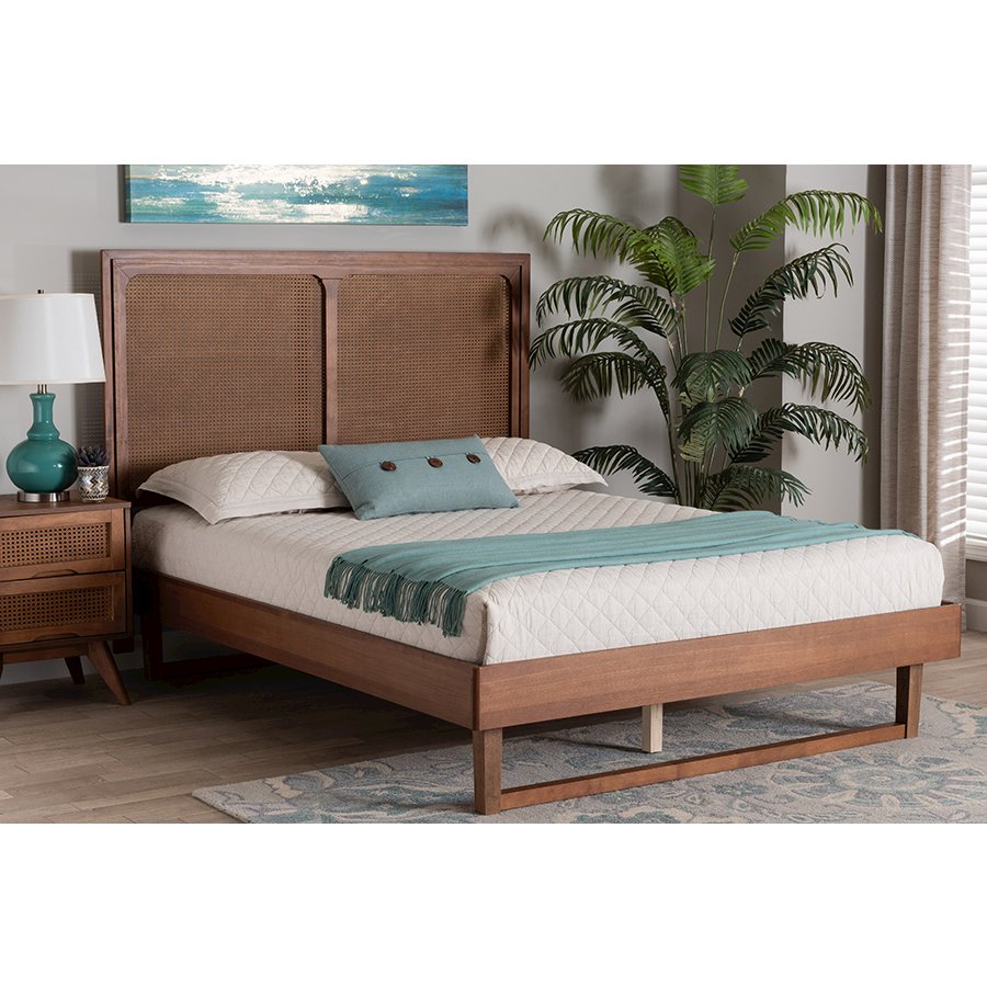 Rondell Mid-Century Modern Ash Walnut Woven Rattan Queen Size Bed. Picture 23