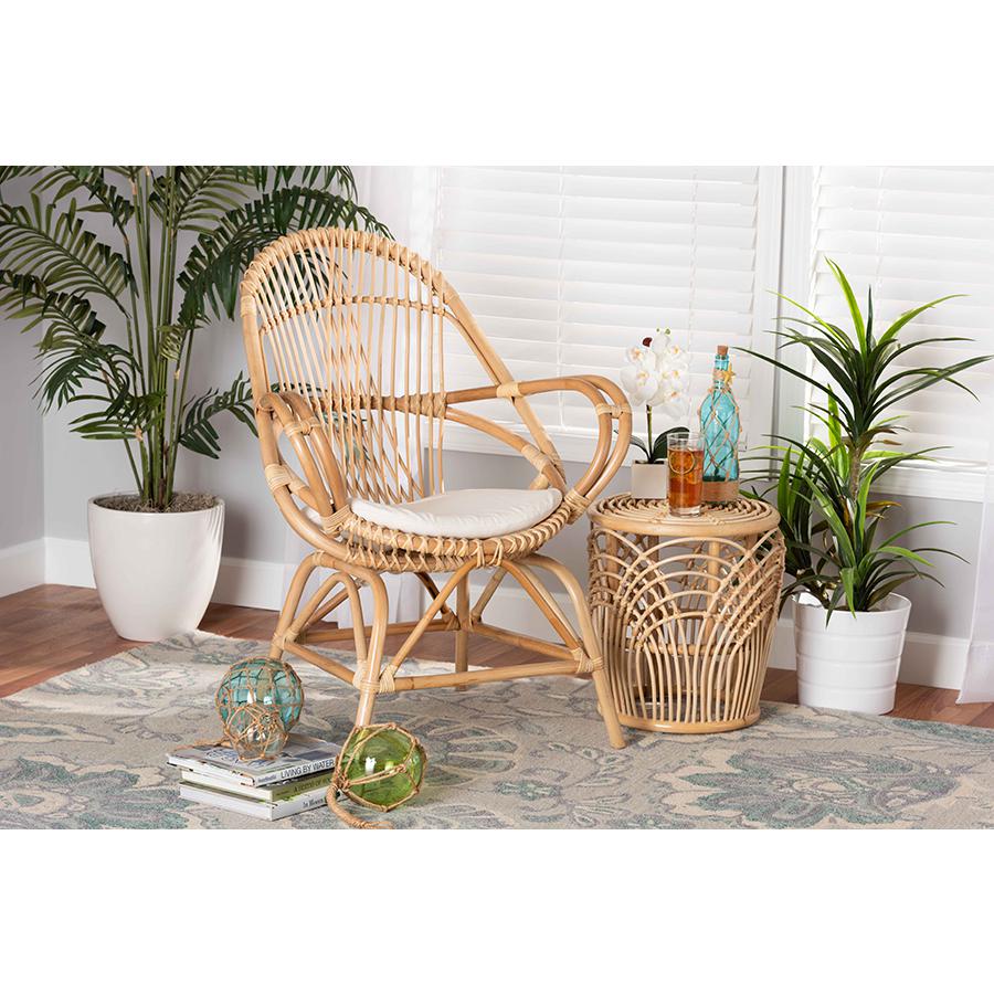 Bohemian White Fabric Upholstered and Natural Brown Finished Rattan Accent Chair. Picture 21