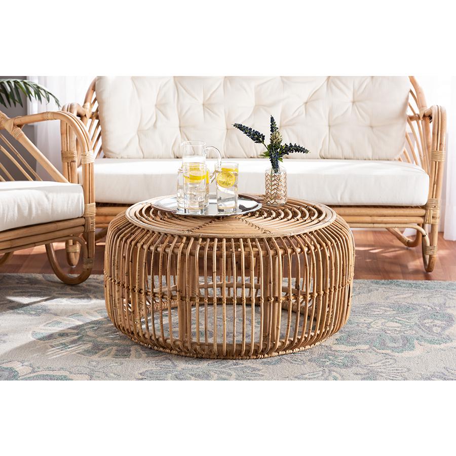 bali & pari Aliane Modern Bohemian Natural Brown Antique Rattan Coffee Table. Picture 15