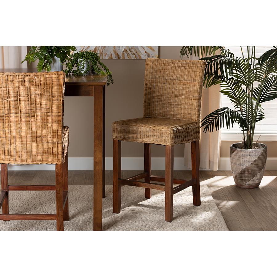 Bohemian Natural Rattan and Mahogany Wood Counter Stool. Picture 21