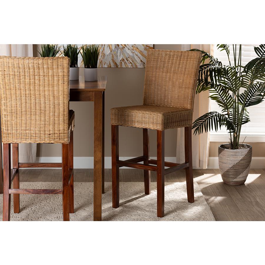 bali & pari Racquel Modern Bohemian Natural Rattan and Mahogany Wood Bar Stool. Picture 21