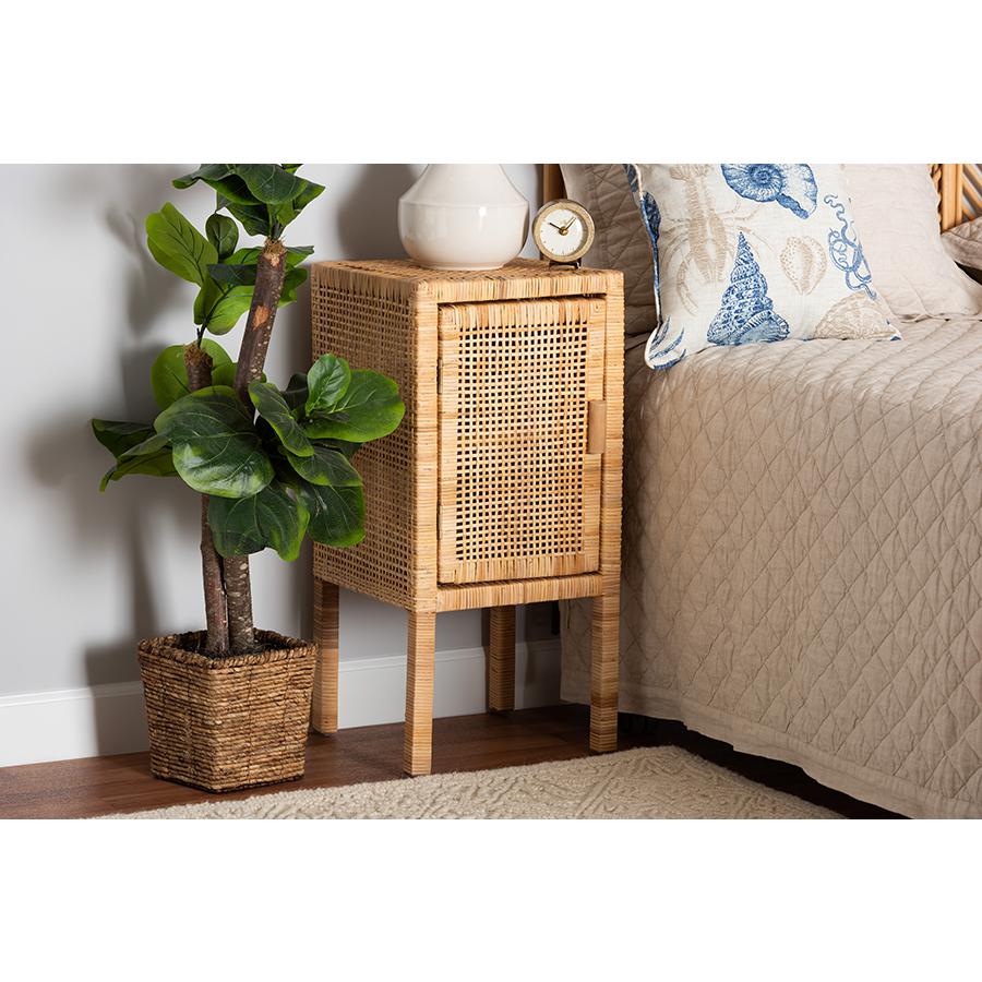 bali & pari Vivan Modern Bohemian Natural Brown Rattan 1-Door Nightstand. Picture 23
