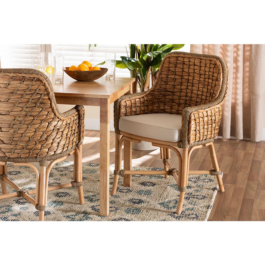 Bohemian Natural Brown Woven Rattan Dining Arm Chair with Cushion. Picture 21