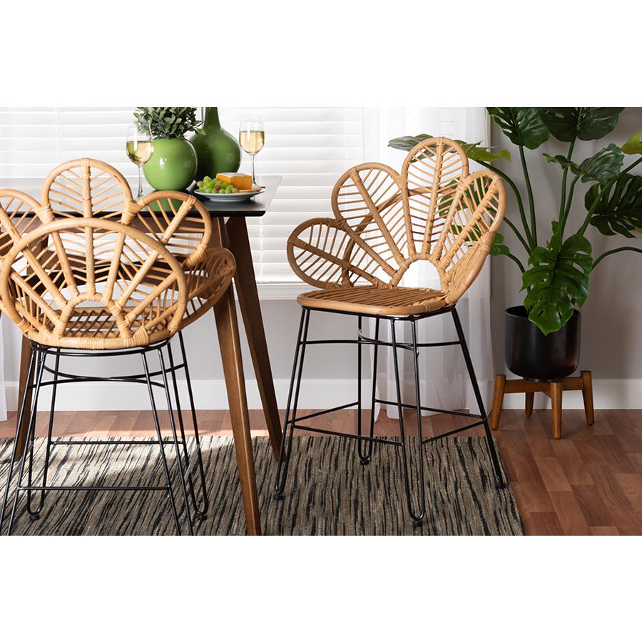 Bohemian Natural Brown Rattan and Black Metal Counter Stool. Picture 21