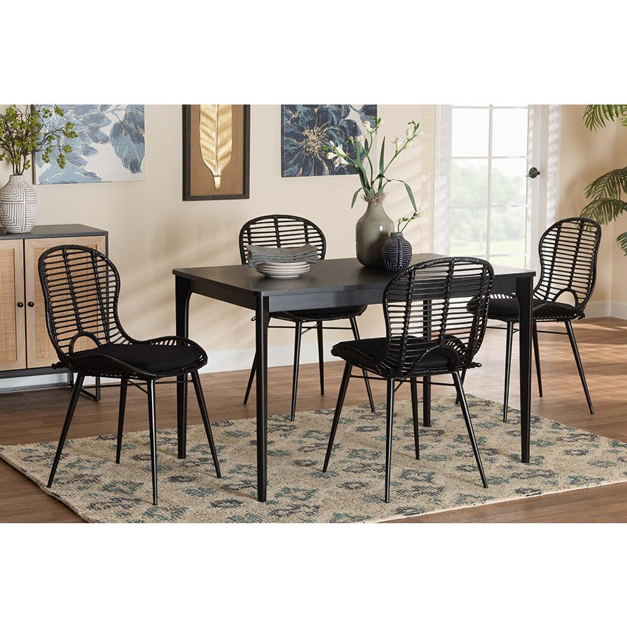 Brenna Modern Bohemian Black Finished Wood and Rattan 5-Piece Dining Set. Picture 21
