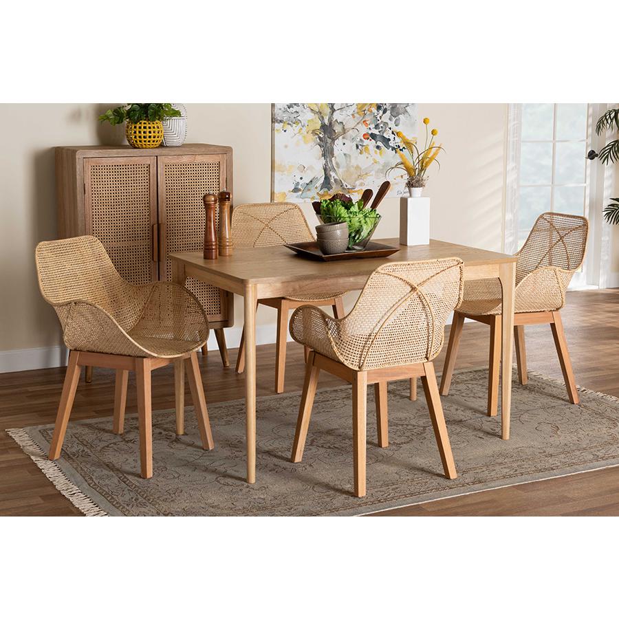 Ballerina Japandi Natural Brown Mahogany Wood and Rattan 5-Piece Dining Set. Picture 21