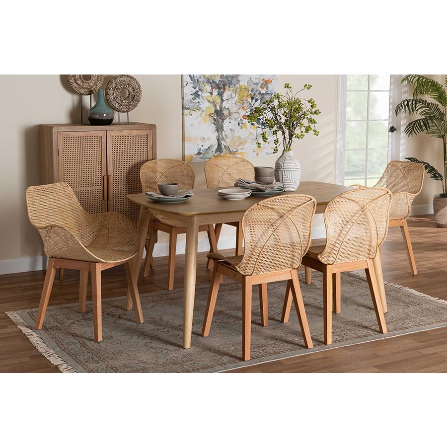 Emmali Modern Bohemian Natural Brown Finished Wood and Rattan 7-Piece Dining Set. Picture 25