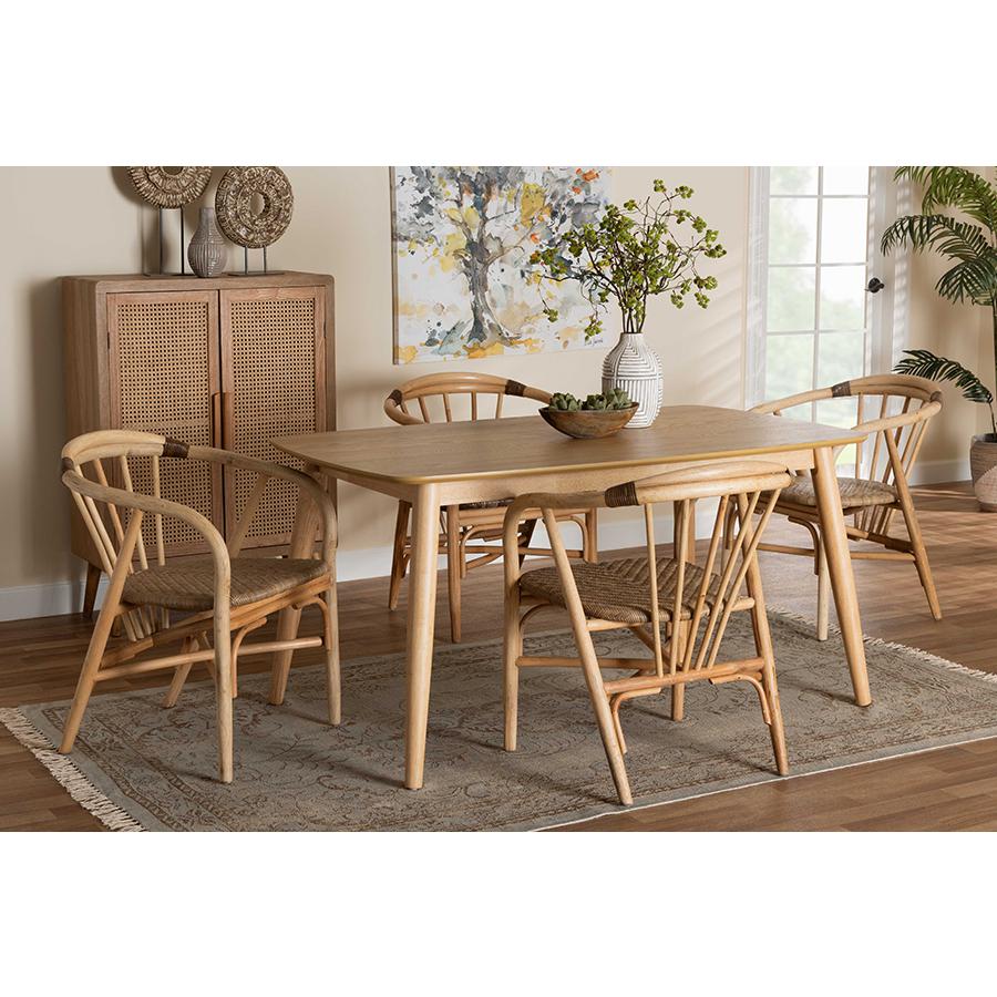 Kyoto Modern Bohemian Natural Brown Finished Wood and Rattan 5-Piece Dining Set. Picture 21
