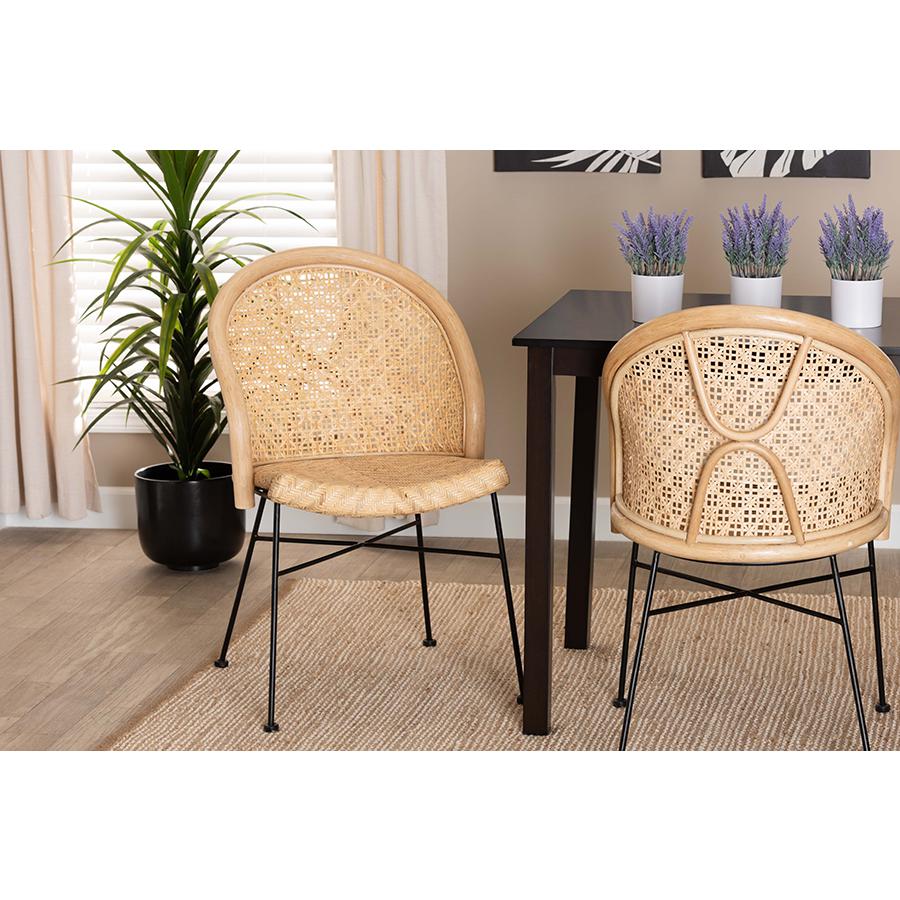 Bohemian Natural Brown Rattan and Black Metal Dining Chair. Picture 21