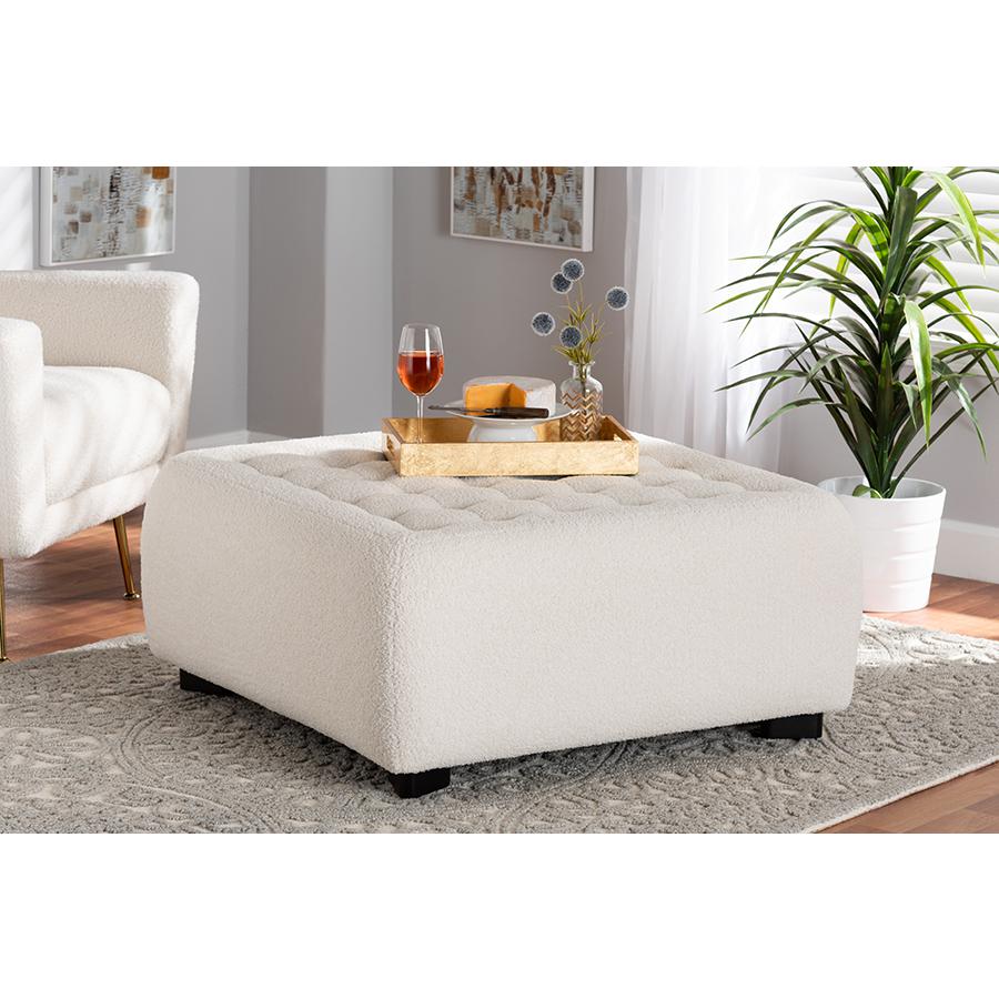 Ivory Boucle Upholstered and Black Finished Wood Square Ottoman. Picture 17
