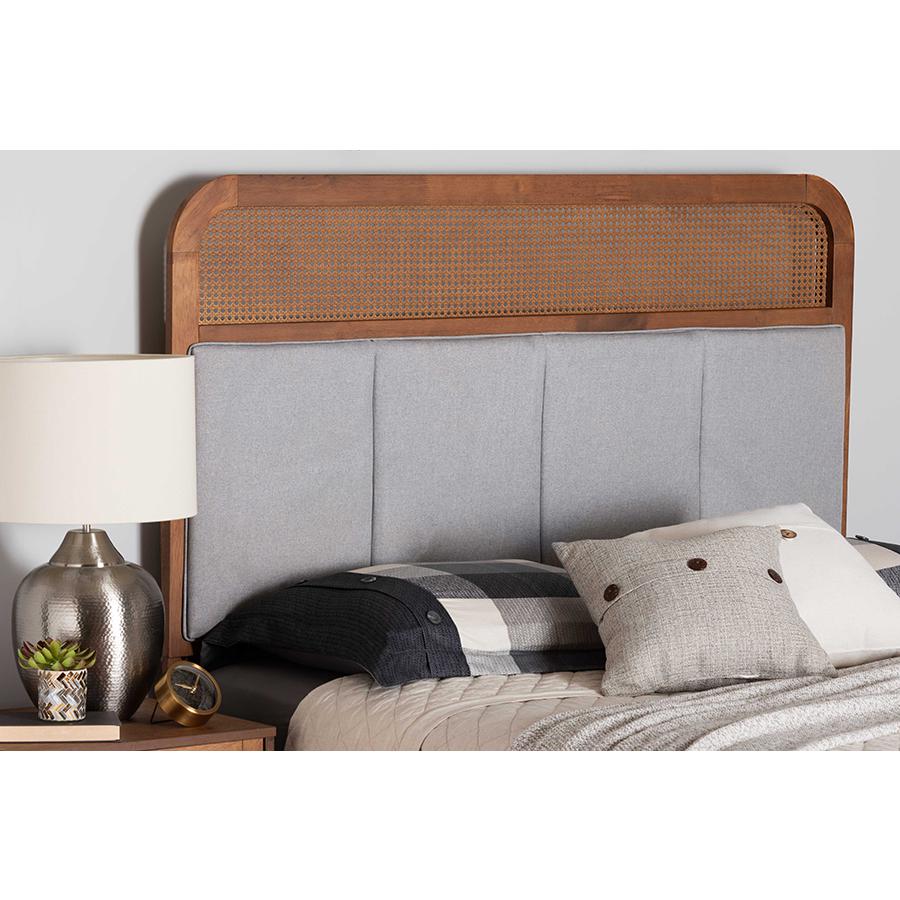 Light Grey Fabric and Ash Walnut Finished Wood King Size Headboard with Rattan. Picture 19