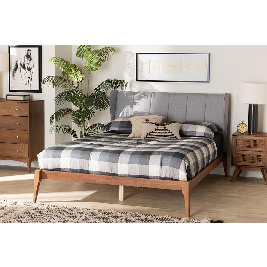 Transitional Light Grey Fabric and Ash Walnut Finished Wood Queen Size Bed. Picture 19