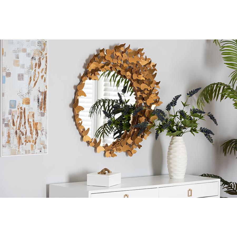Tauriel Modern Glam and Luxe Antique Goldleaf Metal Butterfly Accent Wall Mirror. Picture 9