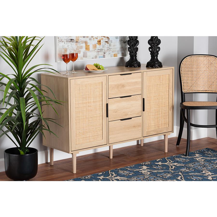 Natural Brown Finished Wood and Natural Rattan 3-Drawer Sideboard. Picture 21