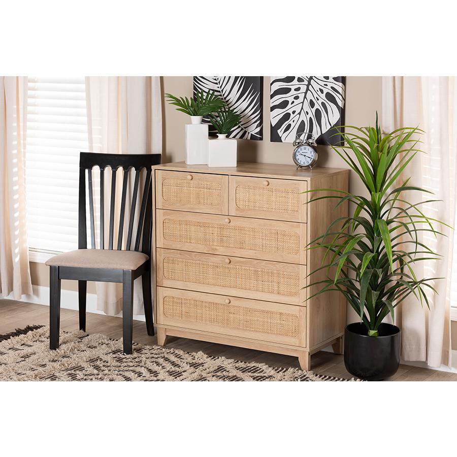Oak Brown Finished Wood and Natural Rattan 5-Drawer Storage Cabinet. Picture 21